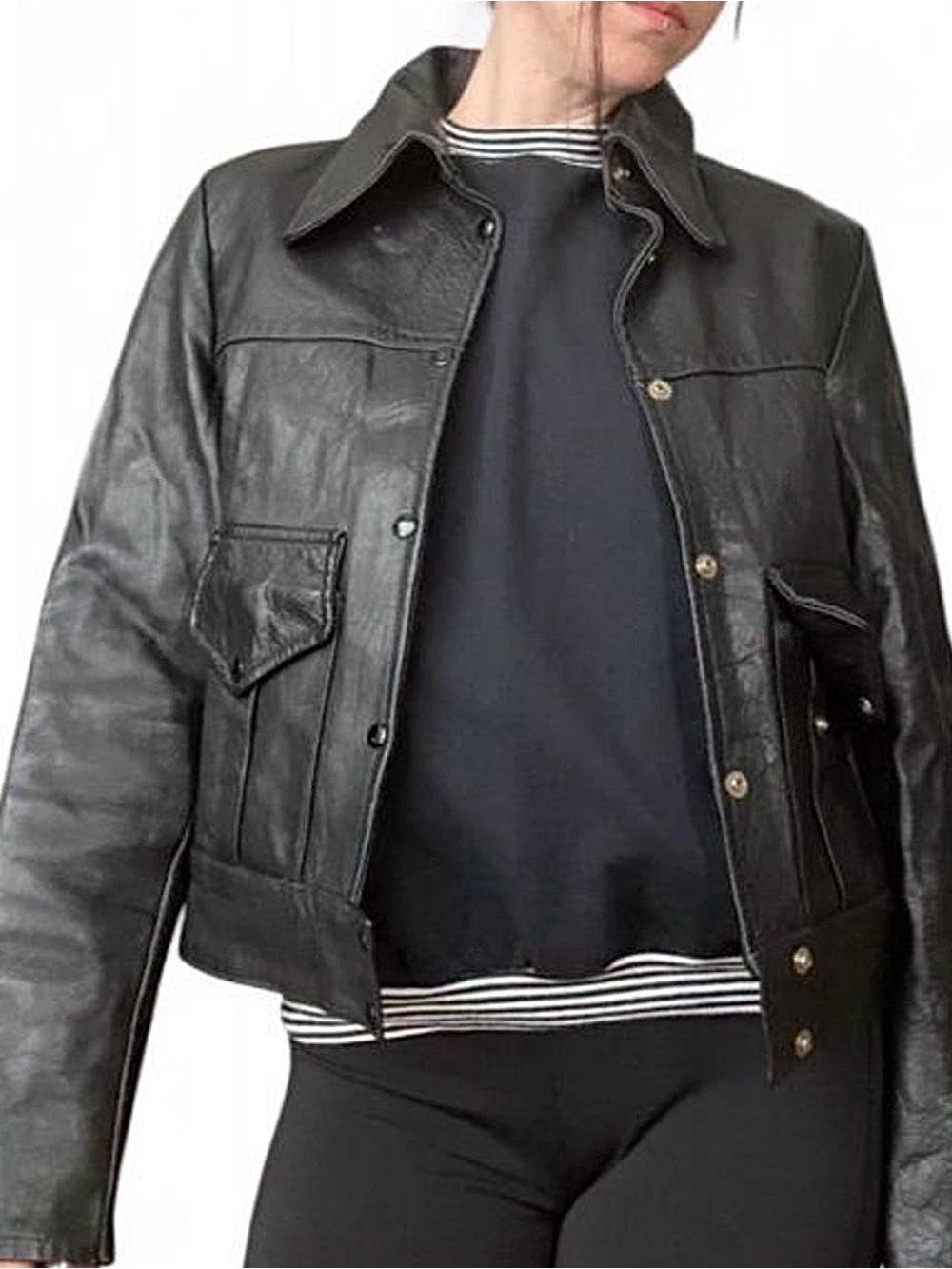 Black Genuine Leather Cropped Utility Jacket |
Snap Front |